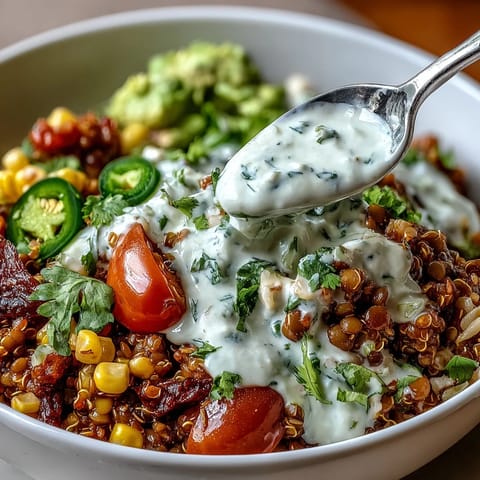 One-pot lentil taco meat quinoa bowls with avocado lime crema, featuring hearty spiced lentils and quinoa topped with creamy avocado dressing and fresh vegetables.  