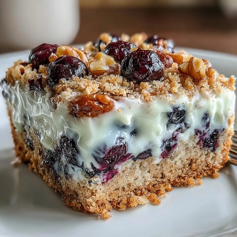 Nutritious breakfast bake featuring juicy blueberries, hearty oats, and creamy Greek yogurt swirl topping.