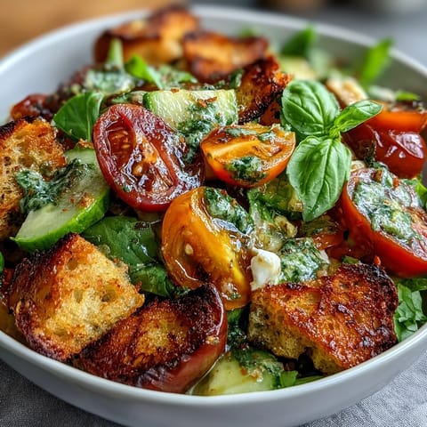 Colorful sourdough panzanella salad with heirloom tomatoes, crisp croutons, and basil vinaigrette, perfect for summer dining.  