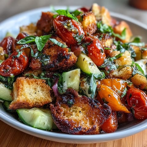 Rustic Italian sourdough panzanella featuring juicy heirloom tomatoes, crunchy sourdough cubes, and fresh basil dressing.  