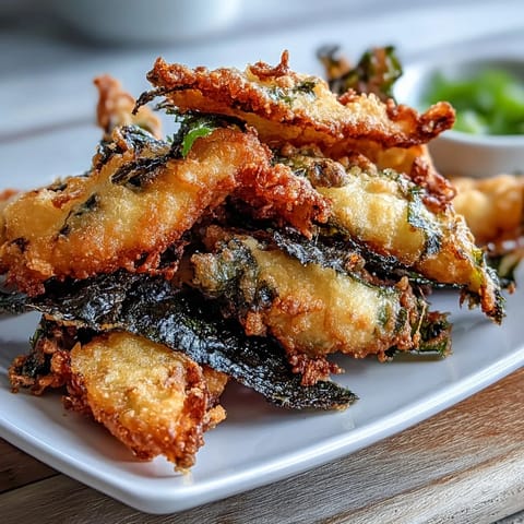 Crispy seaweed tempura with golden batter, served alongside savory dipping sauce for a light and umami-rich Japanese snack.