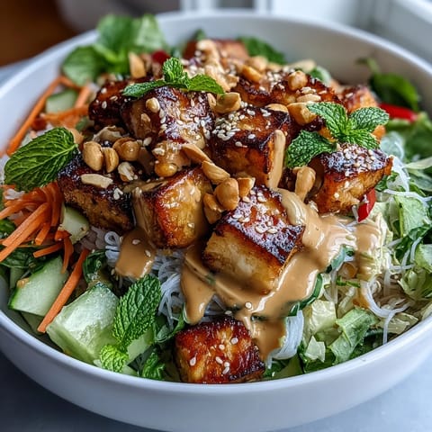 Fresh and vibrant Asian spring roll bowl featuring julienned carrots, cucumber, red cabbage, and tofu, all drizzled with rich peanut sauce.  