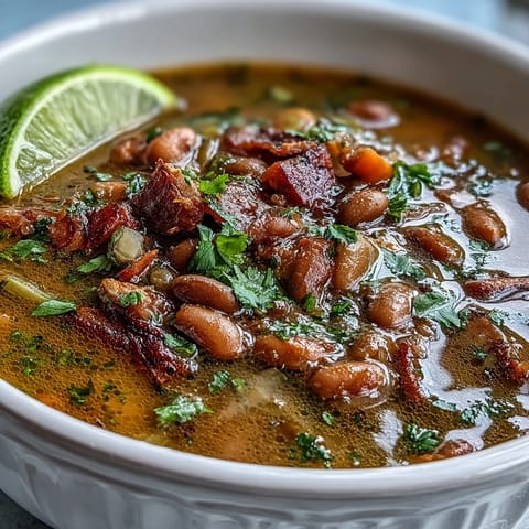 A steaming bowl of ham and pinto bean soup with diced ham, tender beans, and vibrant vegetables, garnished with fresh cilantro and lime.