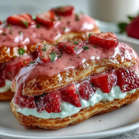 Elegant strawberry éclairs with light choux pastry filled with fresh strawberry cream and pink glaze for Valentine's Day.