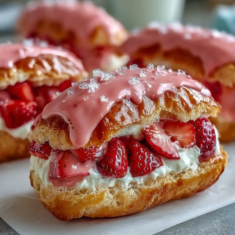 Fluffy éclairs piped with airy choux dough, bursting with luscious strawberry mascarpone filling and topped with sweet pink glaze.