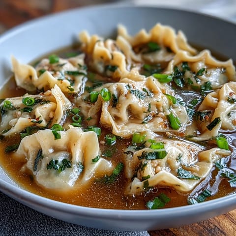 A steaming bowl of dumpling soup with chicken broth, featuring tender dumplings and fresh scallions in a savory Asian-inspired broth.  