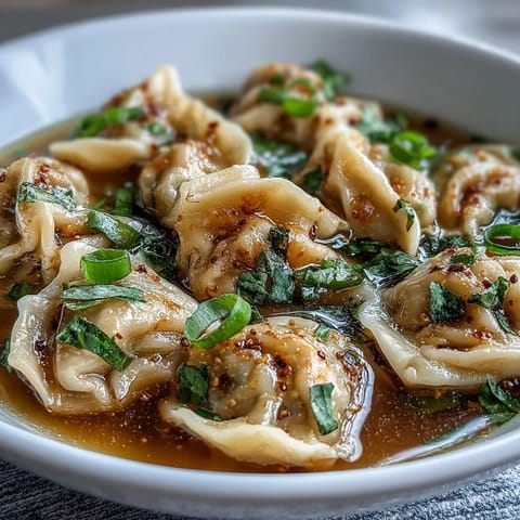 Soft, handmade dumplings float in rich chicken broth, garnished with vibrant scallions for a comforting, aromatic soup perfect for chilly days.  