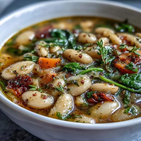 A rustic Tuscan white bean soup with creamy cannellini beans, fresh vegetables, and aromatic herbs, served with crisp garlic bread.  