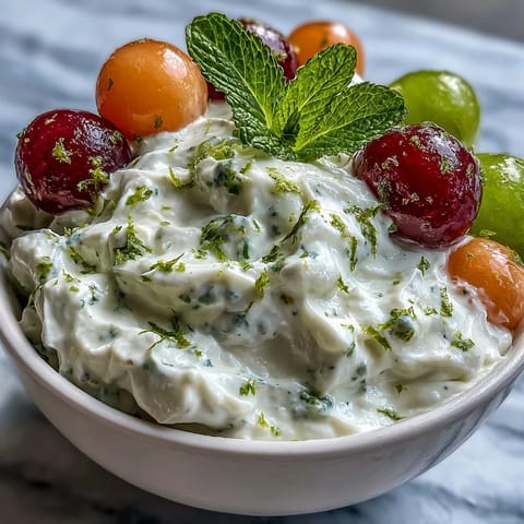 A colorful fruit platter with watermelon, cantaloupe, and berries served with creamy honey-lime yogurt dip.  
