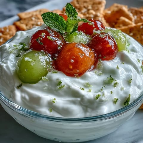 Vibrant melon balls and fresh berries arranged artfully around a bowl of zesty honey-lime yogurt dip.  