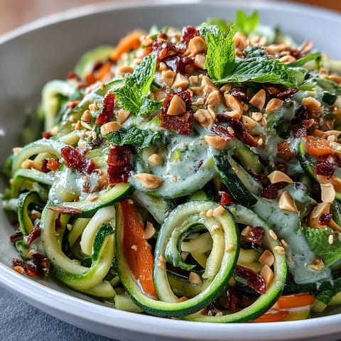 A colorful vegan Thai peanut zucchini noodle salad with crunchy veggie ribbons and fresh herbs, tossed in a creamy, zesty peanut dressing.  