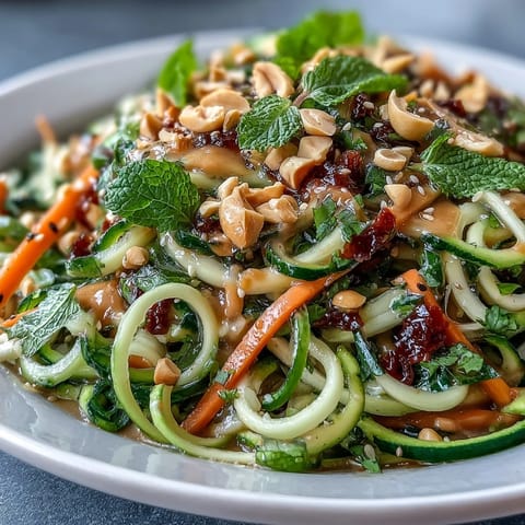 Light and refreshing spiralized zucchini salad featuring crisp vegetable ribbons, vibrant herbs, and a rich Thai peanut sauce for a satisfying plant-based meal.  