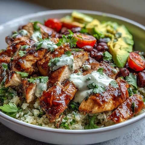 A vibrant 400-calorie burrito bowl with cilantro-lime cauliflower rice, lean chicken breast, and fresh toppings for a healthy, satisfying meal.  