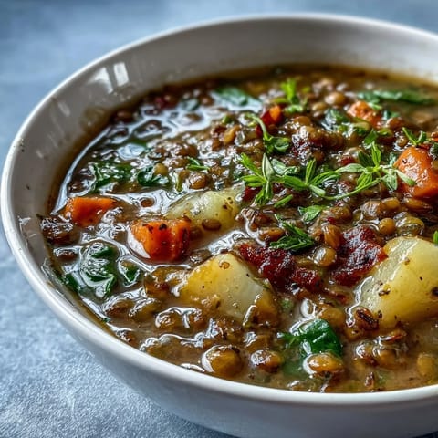 Hearty green lentil stew with carrots and potatoes in a rustic bowl, garnished with fresh herbs and served with crusty bread.  