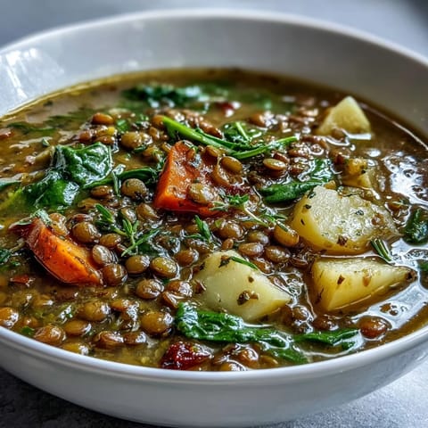 Creamy green lentil stew simmered with sweet carrots and tender potatoes, topped with baby spinach for a nourishing vegetarian meal.  