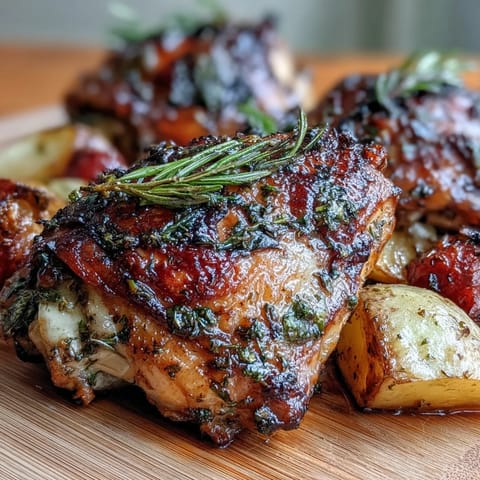 Herb roasted chicken thighs with baby potatoes and carrots, golden and crispy, served fresh from the oven.  