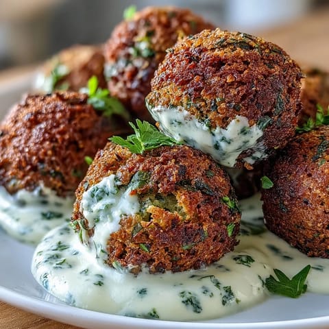 Golden air fryer falafel with crispy edges, served alongside a vibrant green tahini sauce.  