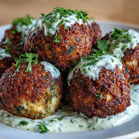Air fryer crispy falafel balls, golden brown and herby, paired with creamy green tahini sauce.  