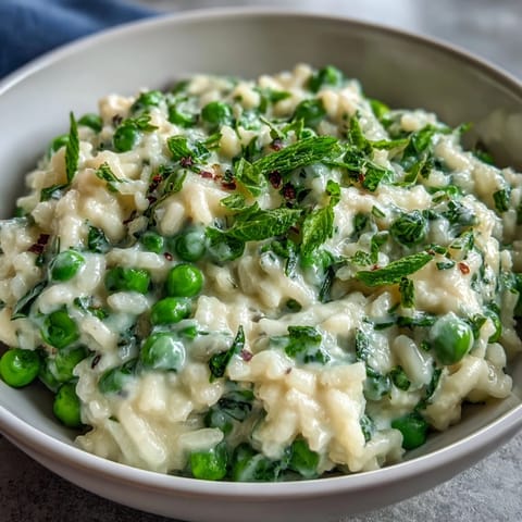 Golden Arborio rice simmered with peas, mint, and Parmesan for a fresh, comforting spring meal.  