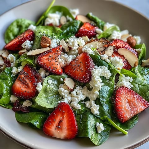 Baby in Bloom Spinach Strawberry Salad with Poppy Seed Dressing, showcasing vibrant baby spinach leaves, juicy strawberries, crumbled feta, and toasted almonds, tossed in a tangy homemade poppy seed dressing.