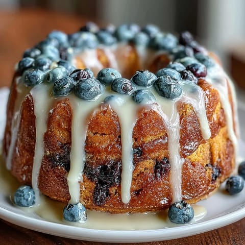 Mini lemon blueberry sourdough bundt cakes with golden crust and fresh blueberries, drizzled with tangy lemon glaze for a perfect springtime dessert.