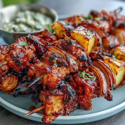 Juicy BBQ chicken skewers with sweet pineapple and red onion, grilled to perfection and basted with smoky barbecue sauce.  