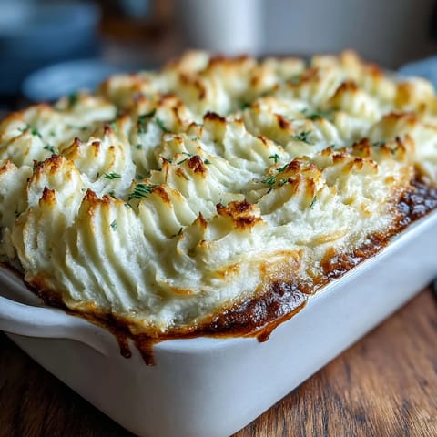 Vegetarian Shepherds Pie with Lentils and Mushrooms - golden mashed potatoes over a savory lentil and mushroom filling, baked until bubbling.