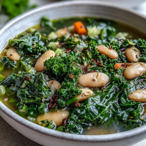 A vibrant bowl of kale and white bean soup with fresh lemon and garlic, garnished with parsley.  