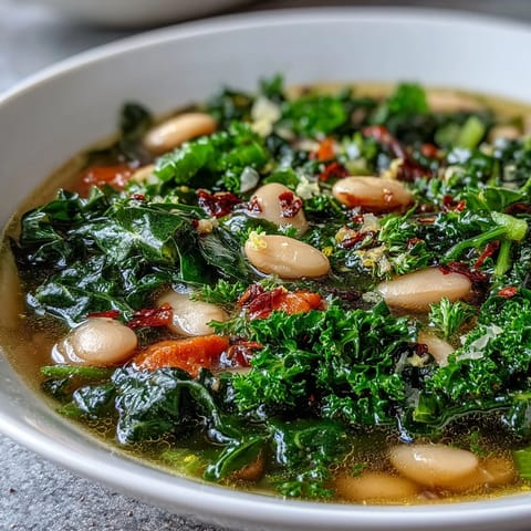 Hearty white beans and tender kale in a fragrant broth with bright lemon and garlic aroma.  