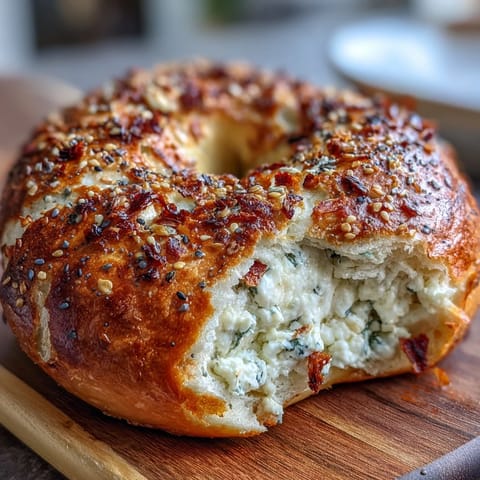 Golden homemade Greek yogurt bagels topped with savory everything seasoning, baked to perfection for a soft and chewy breakfast treat.