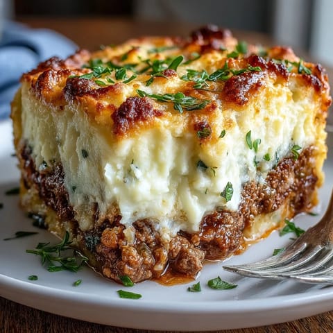 Golden-brown shepherds pie with hearty meat filling and light cauliflower mash, perfect for a cozy family dinner.  