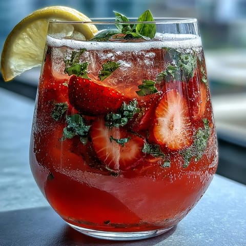 Vibrant glass of strawberry basil lemonade with fresh basil leaves and sliced strawberries, perfect for a refreshing summer drink.