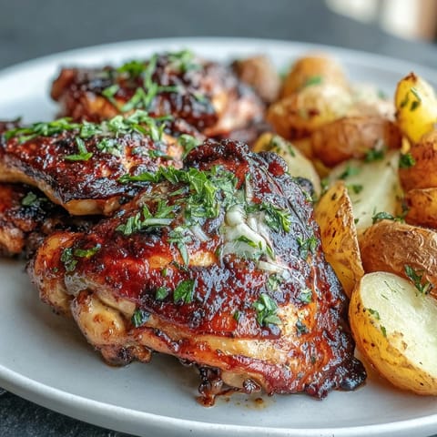 Golden sheet pan chicken drumsticks with roasted potatoes and carrots, seasoned with rosemary and thyme for a comforting, herb-infused family dinner.  
