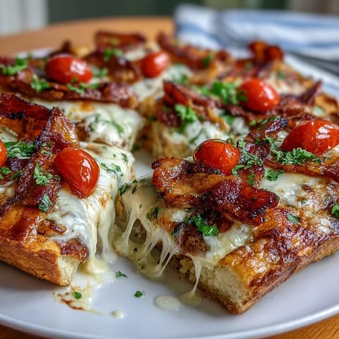Kentucky Derby Hot Brown Flatbread Pizza with golden crust, creamy Mornay sauce, turkey, bacon, tomatoes, and melted cheese, perfect for Derby Day parties.