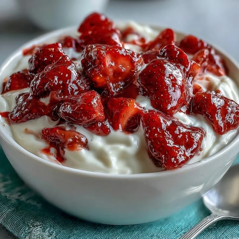 Fresh strawberry compote spooned over thick Greek yogurt, garnished with mint for a refreshing treat.