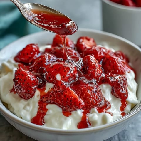 A bowl of creamy Greek yogurt topped with vibrant strawberry compote and a drizzle of honey.