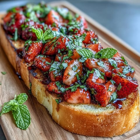 Fresh strawberry bruschetta with balsamic and mint served on toasted baguette slices. Juicy strawberries and fragrant mint topped with tangy balsamic glaze. Vibrant strawberry bruschetta appetizer featuring sweet berries, fresh mint, and balsamic drizzle. Perfect for summer gatherings. Colorful strawberry bruschetta with balsamic reduction and mint garnish, served on golden toasted baguette for a refreshing appetizer.