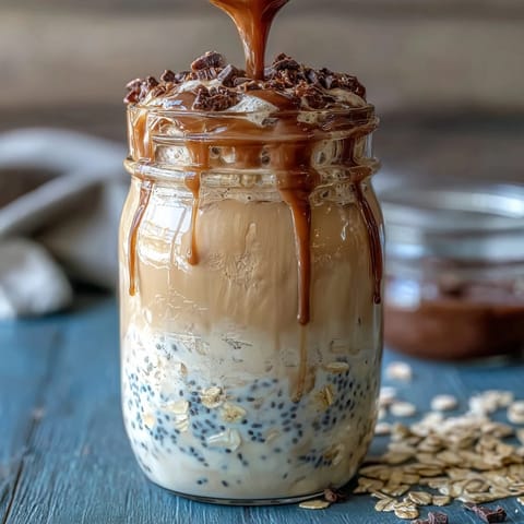 Vanilla Bean Frappuccino Overnight Oats jar with creamy oats, vanilla bean, and a coffee swirl, topped with whipped cream and chocolate chips.