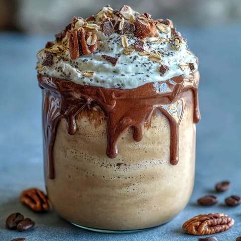 Creamy Vanilla Bean Frappuccino Overnight Oats jar layered with vanilla-infused oats, espresso drizzle, and crunchy granola for a breakfast treat.