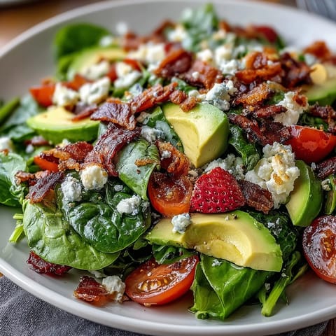 Vibrant Spring Cobb Salad with Strawberries and Avocado, featuring fresh greens, juicy berries, creamy avocado, and tangy feta.