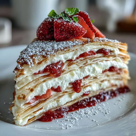 Beautiful layered strawberry crepe cake with fresh berries and vanilla cream, perfect for Mother's Day brunch or special occasions.