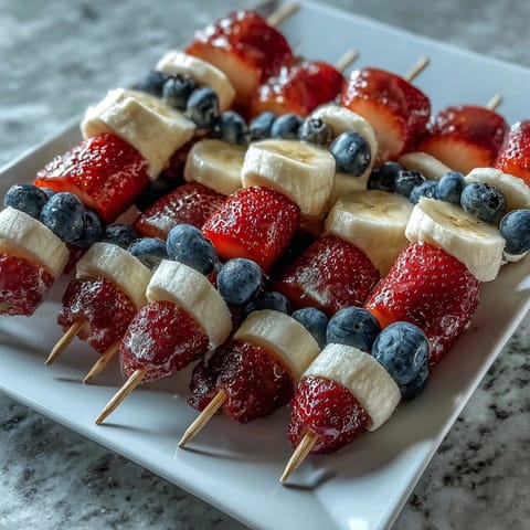 Patriotic red, white, and blue fruit skewers with strawberries, bananas, and blueberries arranged for a festive Fourth of July spread.