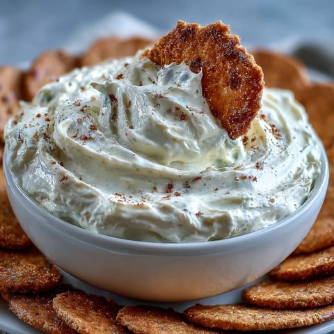 Easy viral cheesecake dip with whipped cream and powdered sugar, ready in just 10 minutes.