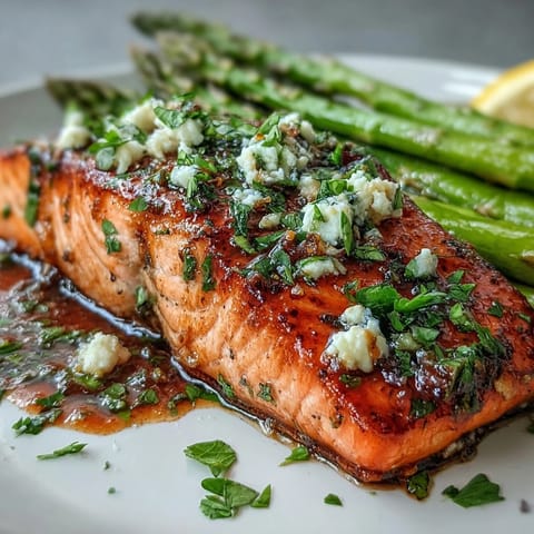 Garlic Butter Salmon with Asparagus sizzling in a skillet, topped with fresh herbs and lemon slices for a vibrant spring meal.
