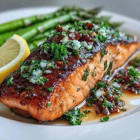 Aromatic garlic butter sauce coats tender salmon fillets and crisp asparagus spears in this easy, elegant dinner.