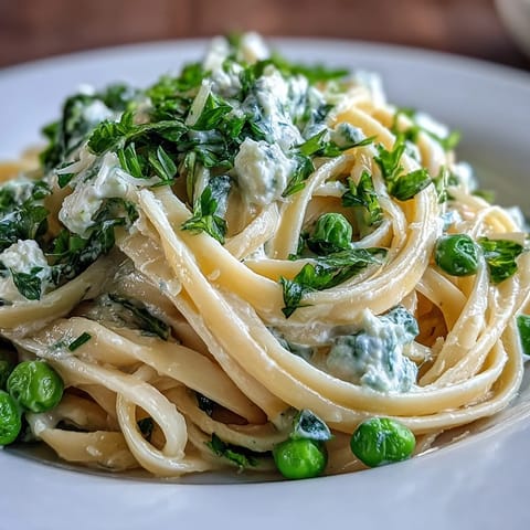 Creamy lemon ricotta linguine with sweet peas, fresh parsley, and Parmesan, served in a white bowl with lemon wedges on the side.