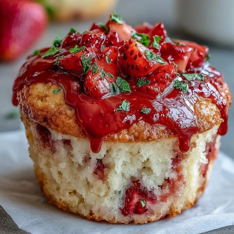 Golden strawberry lemon muffins with fresh berries and a glossy lemon glaze, perfect for a bright spring brunch or breakfast treat.