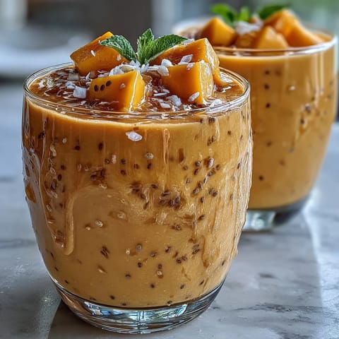 Thick, refreshing Mango Coconut Chia Smoothie, perfect for a healthy, energizing breakfast treat.