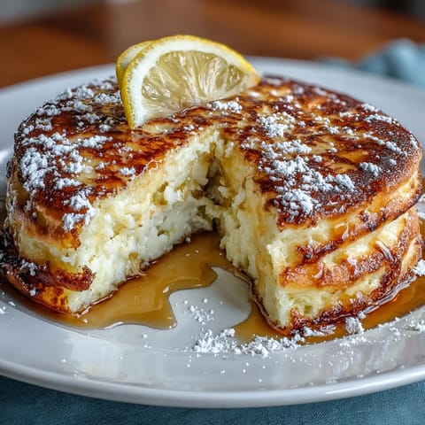 Golden-brown lemon ricotta pancakes ready to be drizzled with maple syrup and enjoyed.