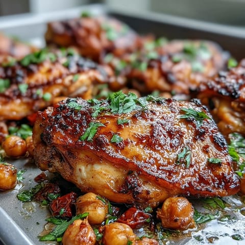 Spicy harissa chicken traybake, glistening with roasted veggies, perfect for dinner.
